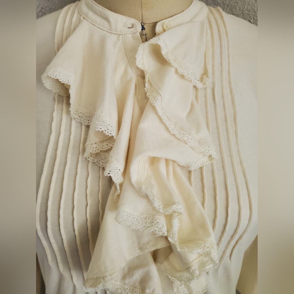 Lauren Ralph Lauren Green Label Cream Romantic Ruffle Cotton Blouse Sz L - Picture 3 of 10